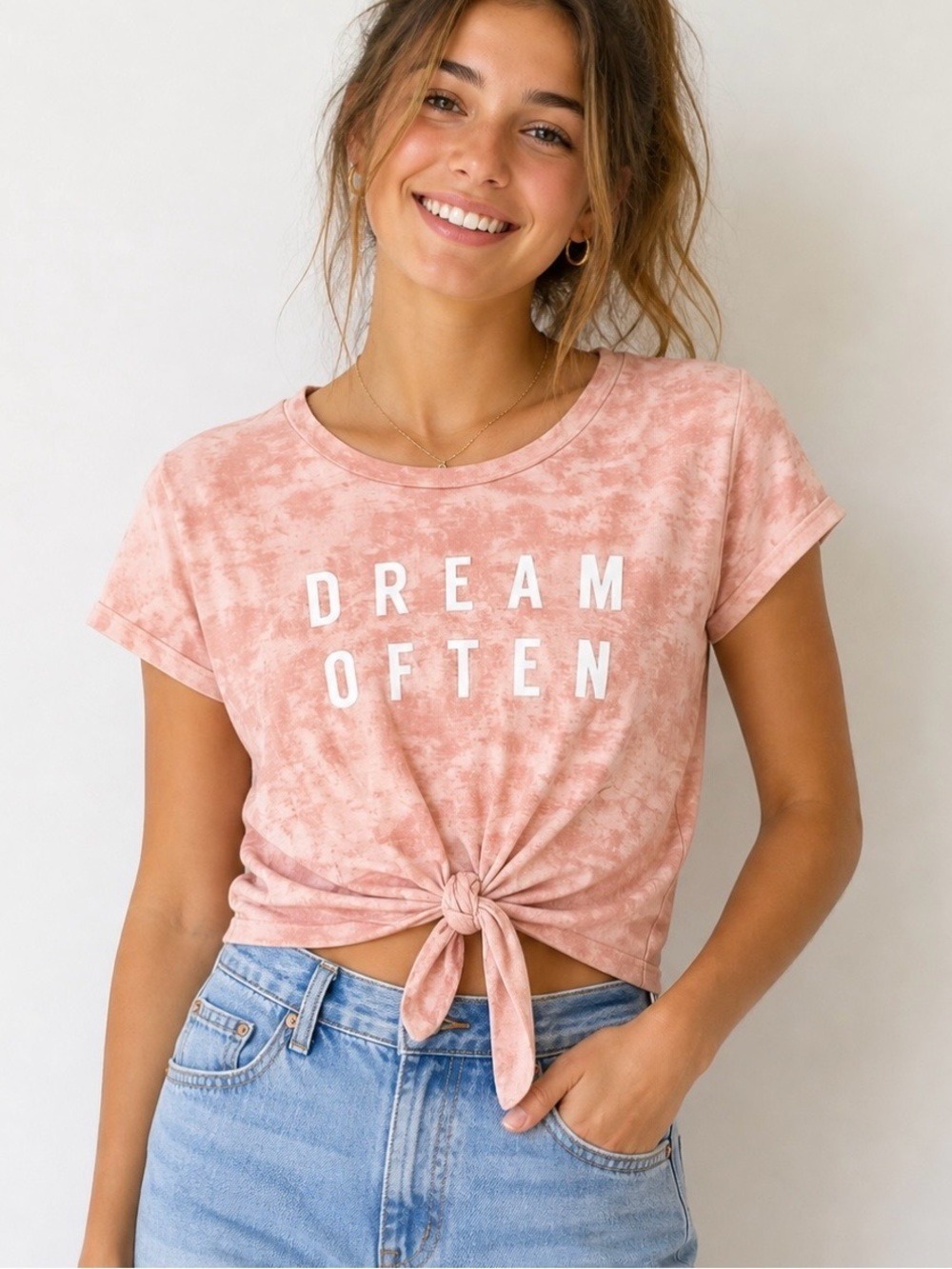 Pink Tie Dye Tie Front Crop Top